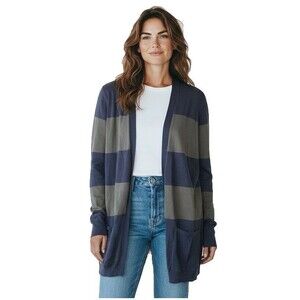 Brunello Cucinelli Striped Tunic Cardigan Sweater Women's XL Pockets Gray & Navy